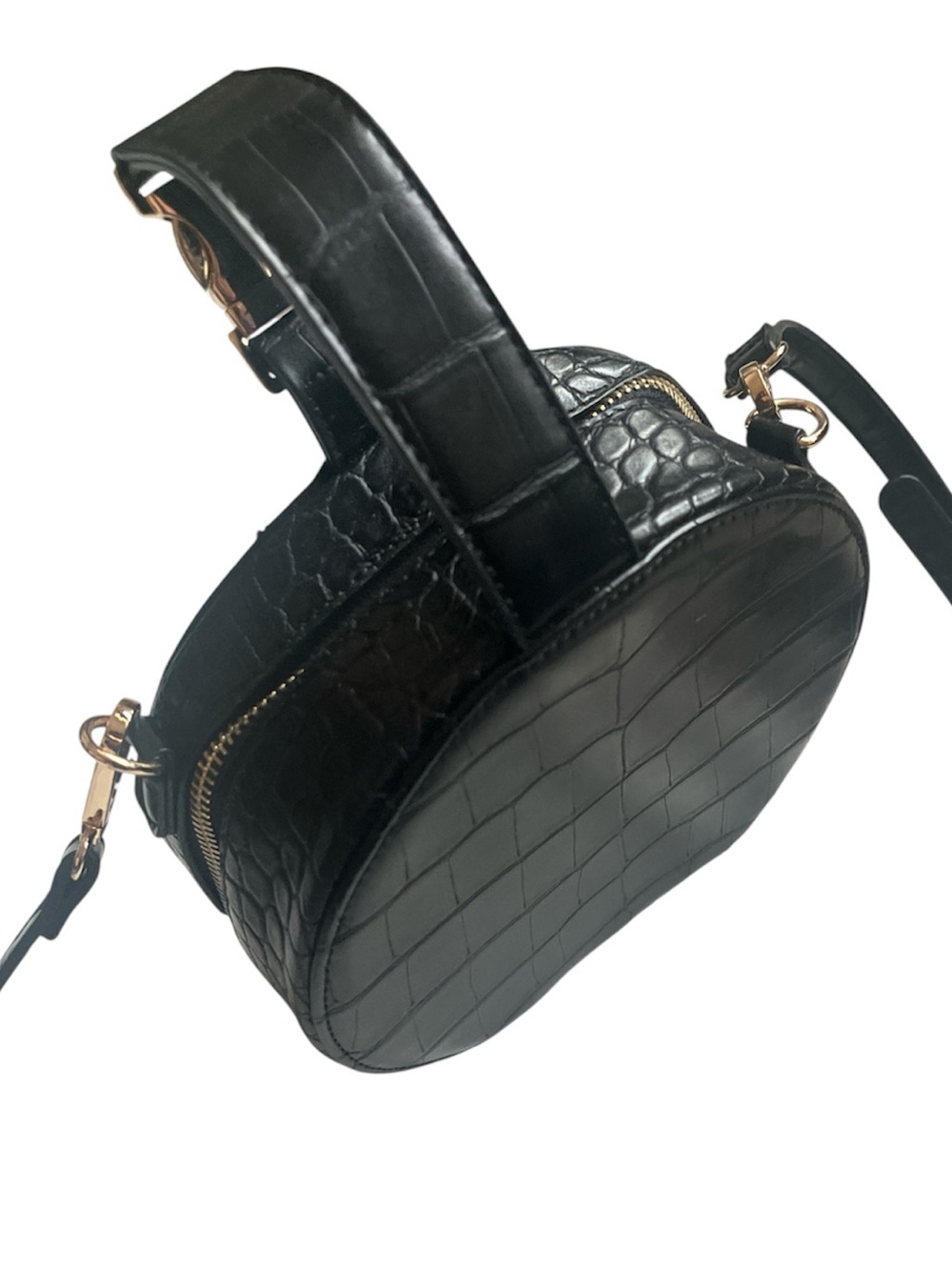 Black Croc-Embossed Round Crossbody Bag